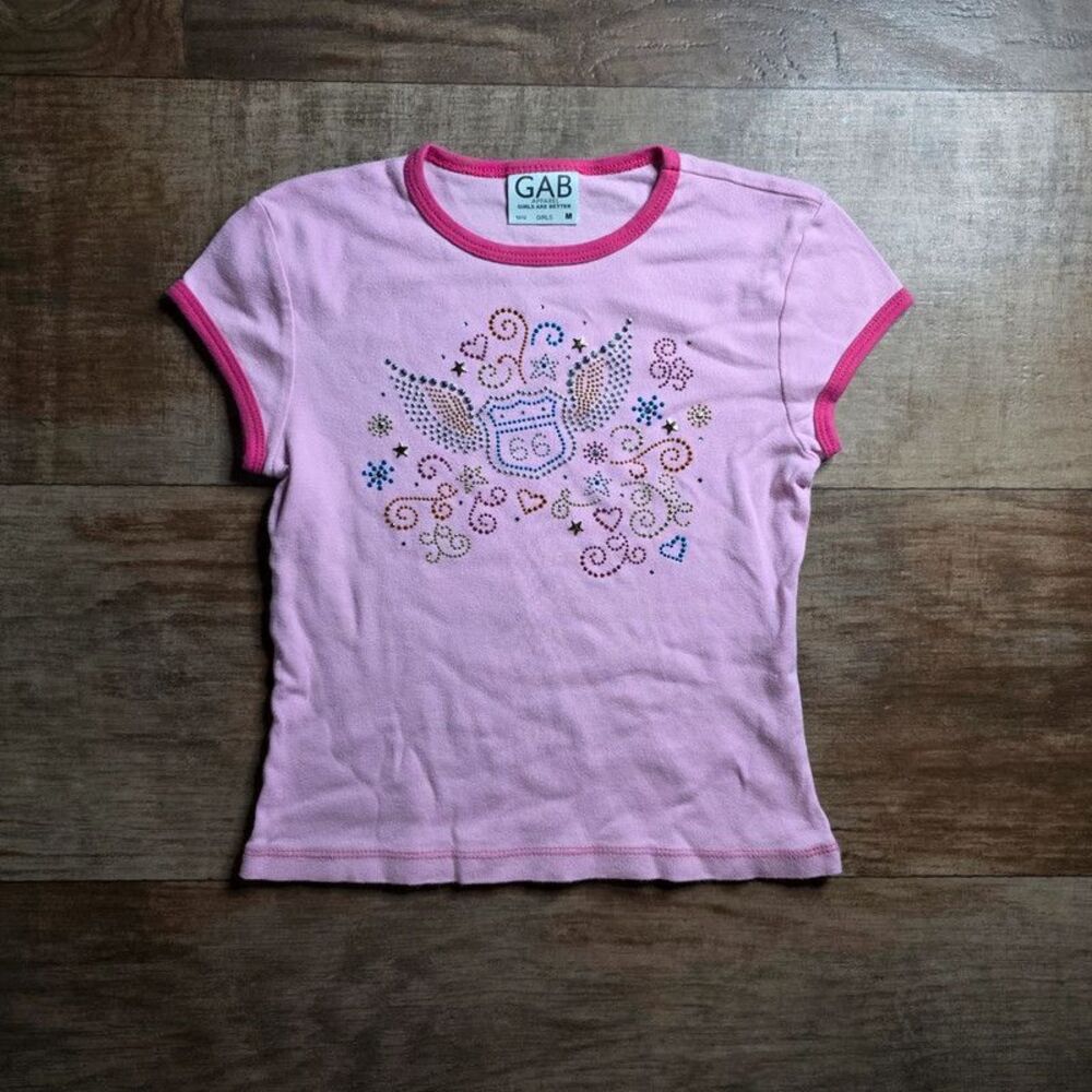 Vintage Y2K GAB Apparel Pink Rhinestone Graphic Tee Shirt Girls Size M 10/12